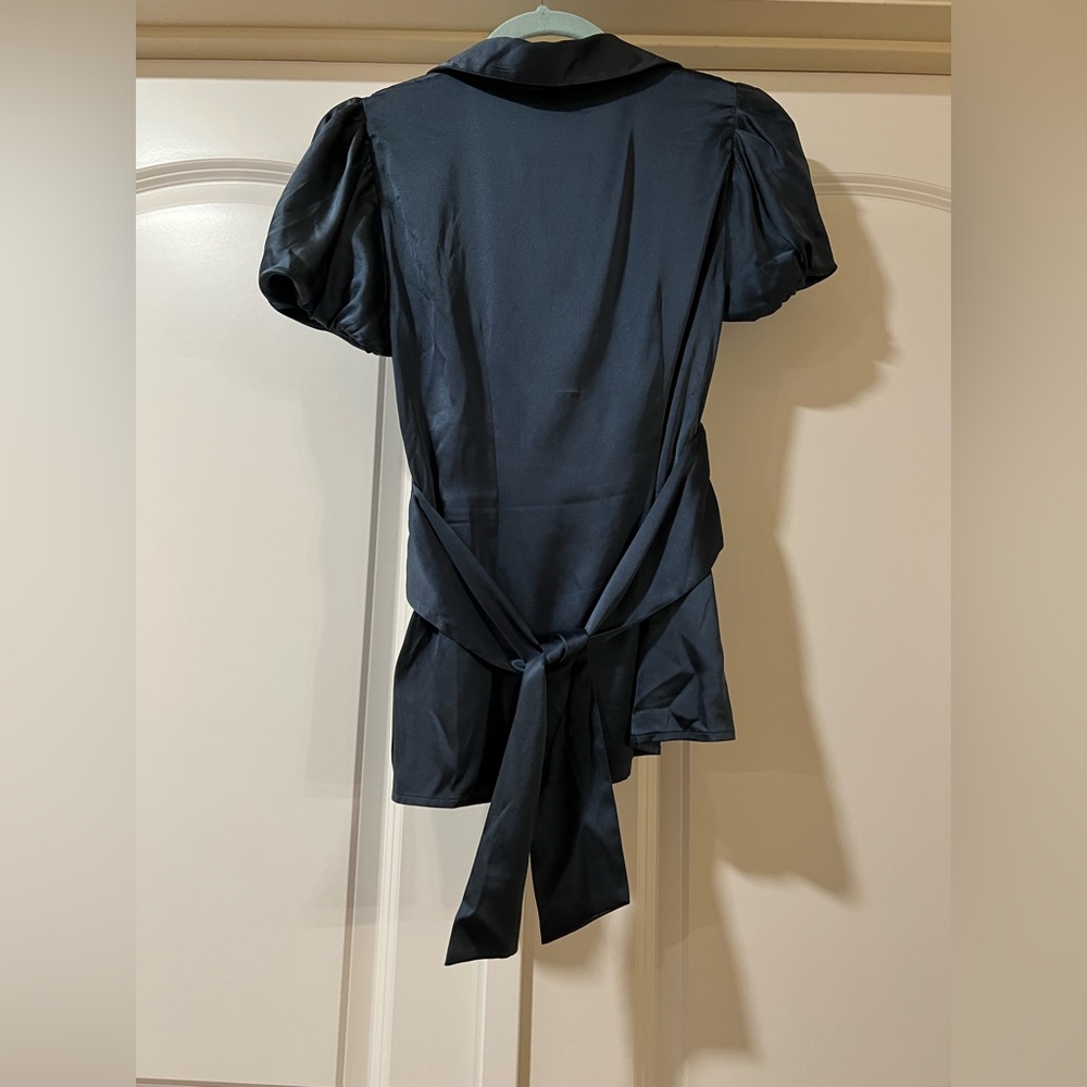 BCBGMaxAzria Navy Silk Wrap Blouse - Picture 3 of 5